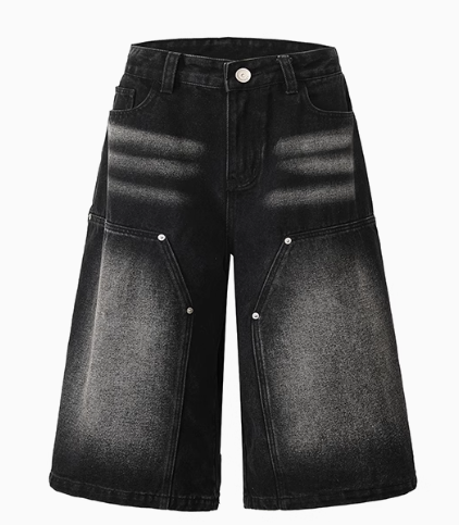 3/4 Denim-Shorts im Verwaschenen Look in Schwarz